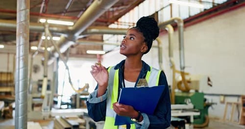 Writing, engineer or person with clipboard in factory for checklist, planning