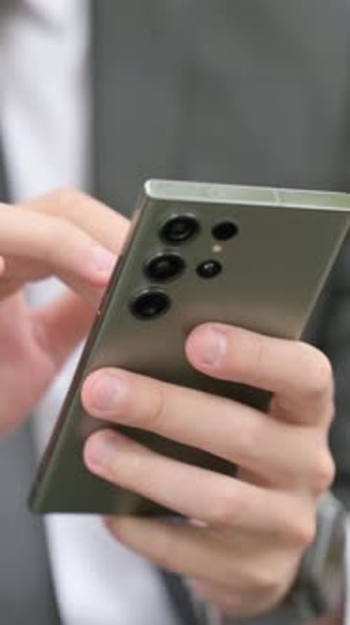 Close up of Businessman Browing Phone Outdoor, Vertical Video