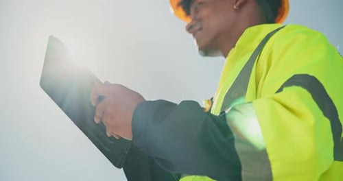 Hands, tablet and engineer for construction, outdoor and happy for report