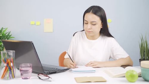 Woman Studying and Working at Desk with Laptop