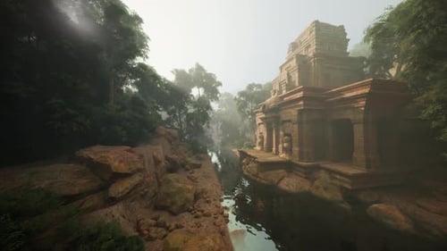 Paysage paisible révélant un ancien temple au milieu d'une végétation dense