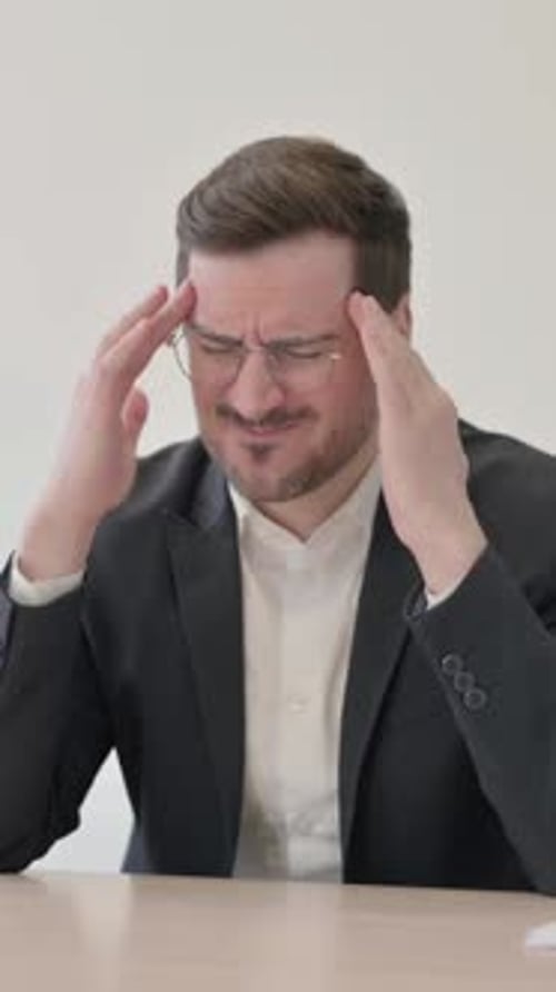 Man in Suit Holding Temples at Desk
