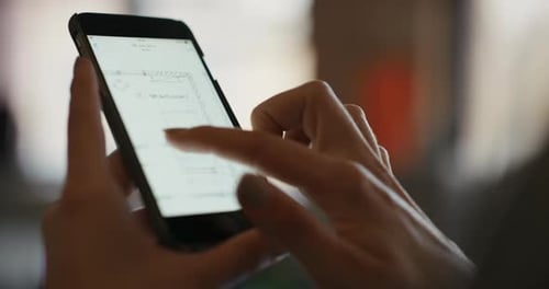 Architecture, phone and blueprint with hands of woman for planning, project management and designer