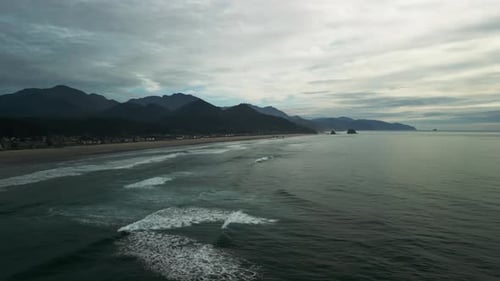 Aerial Wide Shot of Coastal Town Cannon Beach Oregon