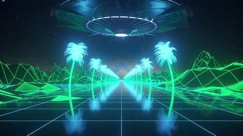 Camera moves along the synthwave wireframe net. Palm trees around the road. Alien flying saucer UFO