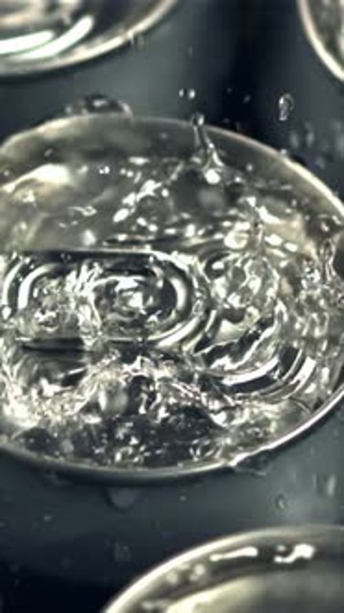 Super Slow Motion on Tins with Beer Drop Drops of Water with Spray Filmed on a Highspeed Camera at