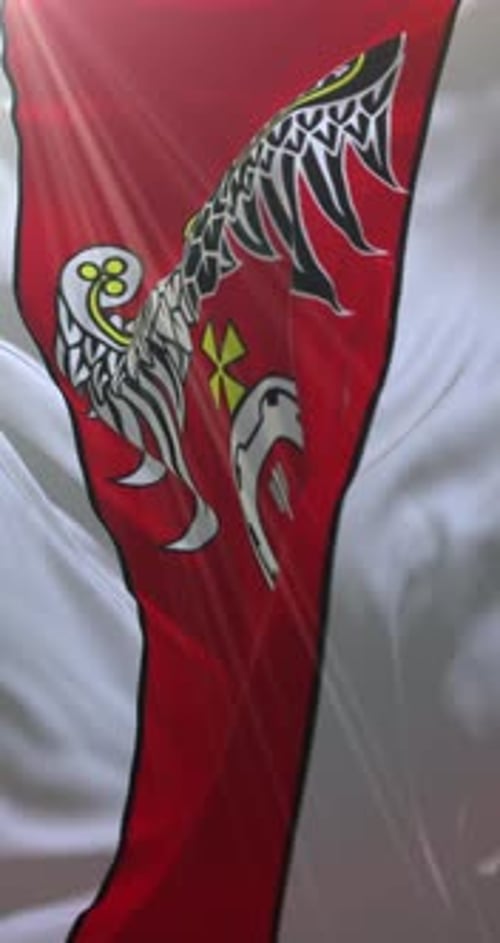 Vertical Waving Flag with Stylized Eagle Design and White Red Stripes