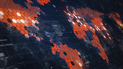Futuristic Digital World Map with Hexagonal Grid and Glowing Data Points