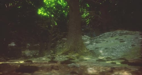 Un arbre majestueux se dresse dans une forêt mystique qui brille d'une lumière vibrante