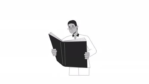 African american man holding book bw outline 2D character animation