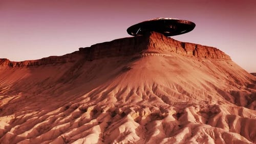 Flying Sacuer Ufo takes off from mars planet, aerial view