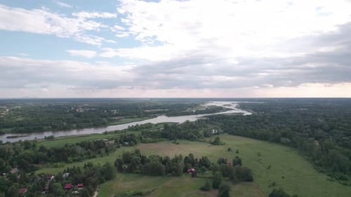 Spectacular aerial view of the backwaters by the river in Poland. Bug river 4K