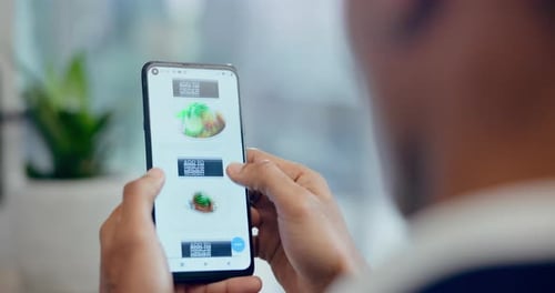 Hands, phone and fast food app in office, scroll and choice for online shopping