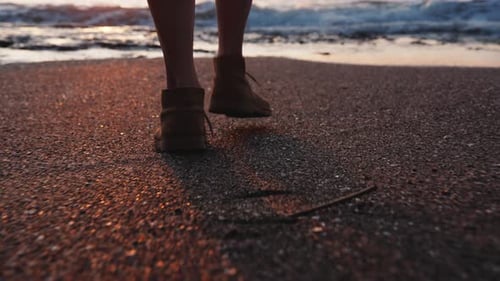 Young Woman Legs in Shoes Walking to Summer Sea Beach in Beautiful Ocean Nature