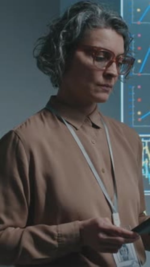 Portrait of Female Scientist with Tablet by Projector Screen at Conference