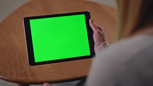 Unrecognizable Woman Shopping Chroma Key Tablet Sitting Apartment Close Up