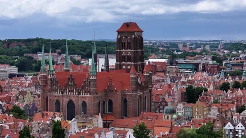 St. Mary's Church in Gdansk Old Downtown. Aerial view
