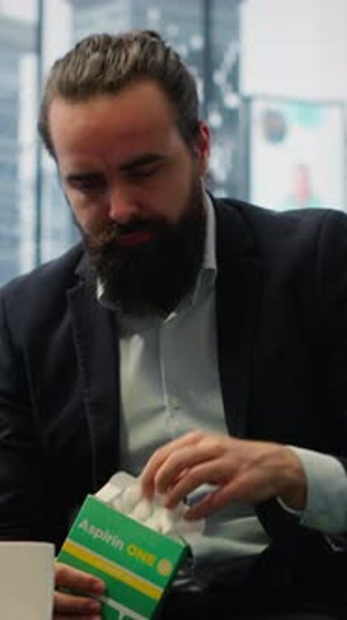 Vidéo verticale Un PDG concerné prend une aspirine pour soulager ses maux de tête dus au stress