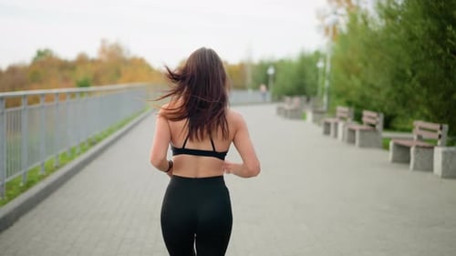 Young Woman Jogging in Black Fitness Wear in Bright Park with Fence and Trees