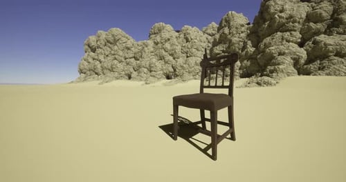 Desert Landscape with an Isolated Wooden Chair Near Rocky Formations