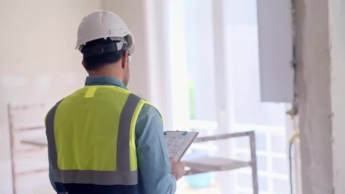 Engineer Inspecting Construction Site Wearing Hardhat and Vest