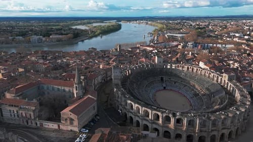 Aerial View of Roman Amphitheatre in Arles France