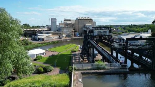 Anderton Boatlift, Cheshire, Trent y Mersey, vista aérea de magníficas obras de ingeniería victorianas