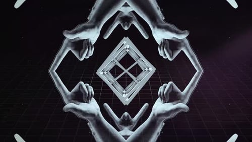 Abstract Geometric Cube and Rock Hands Retro Glitch Animation