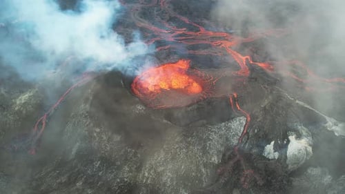 Aerial view of Fagradalsfjall volcano during eruption, Iceland.