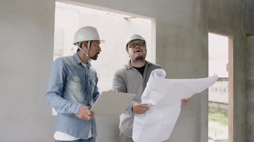 Asian engineers in helmets investigate house construction. Construction man check structure plan, ho