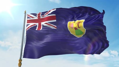 Realistic Turks and Caicos Islands Flag Waving in Blue Sky