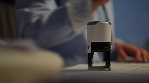 Unrecognizable Businesswoman Stamping Signing Documents in Office Indoors