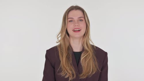Portrait of Talking Business Woman Doing Video Chat on White Background