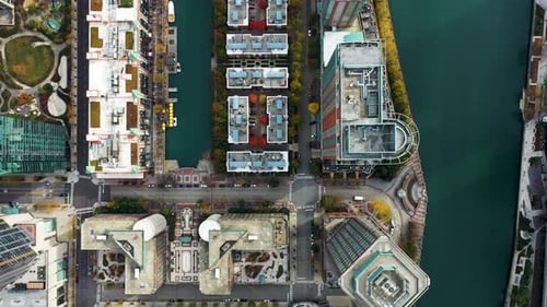 Aerial view of Chicago skyline with skyscrapers along the river, United States.