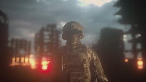 A soldier in camouflage stands against the background of a ruined city destroyed by war