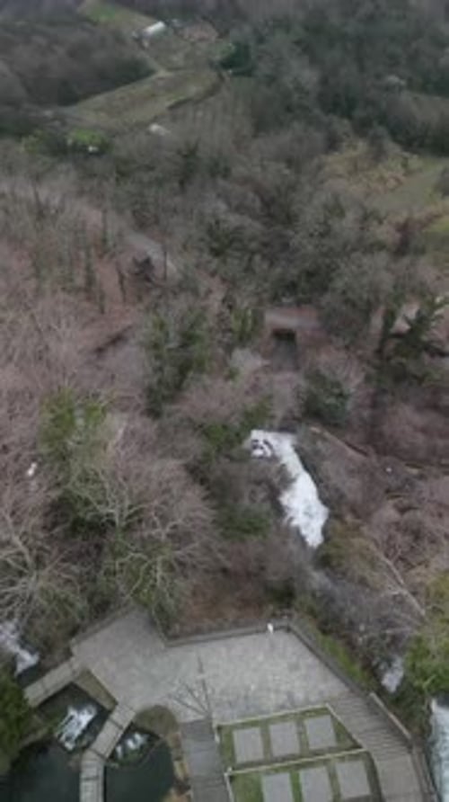 Aerial video above the famous waterfall in Edessa Greece in winter