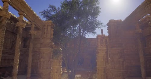 Ruines d'anciens temples entourées de verdure sous la lumière du soleil en Inde