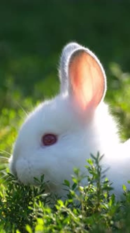 Un lapin blanc aux yeux rouges assis dans l'herbe