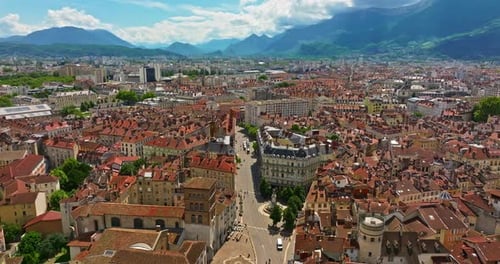 Aerial View of Grenoble Panoramic View Featuring the Isere River Urban Landscape Mountains in the