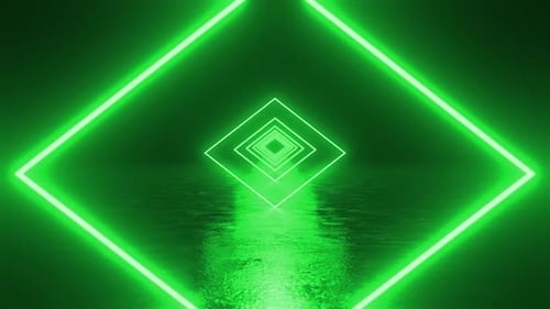 Green neon square light reflecting on wet floor