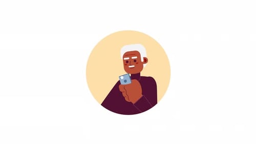 Animated Flat Design Avatar of Senior Person Using Smartphone