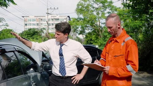 Men Discussing Car Accident on City Street