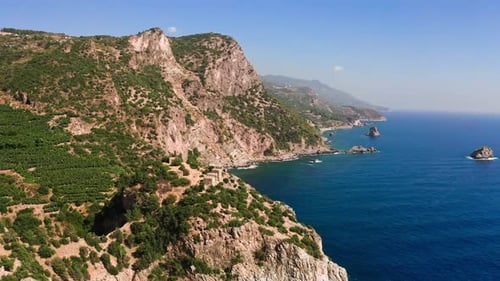 Aerial Shot Of Rocky Shoreline Of Mediterranean Sea On Sunny Day, Turkey