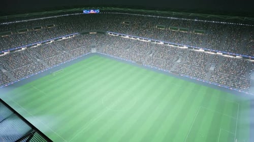 Football Venue 3D Render with Dark Field Lit By Floodlights During Dark Evening
