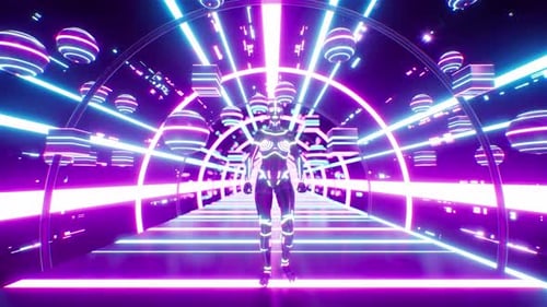 Ai Walking Through Neon Light Tunnel