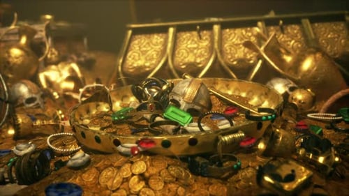 Shiny Golden Treasure Heap with Ancient Coins and Jewels