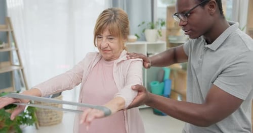 Physiotherapy, arms resistance band and old woman for rehabilitation, recovery