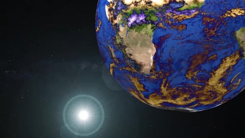 Spinning Planet Earth with Radiant Sun Flare in Deep Space