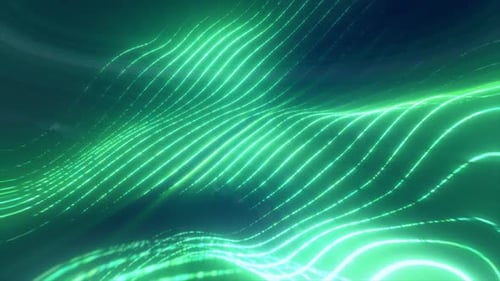 Green glowing energy waves small particles and lines abstract background