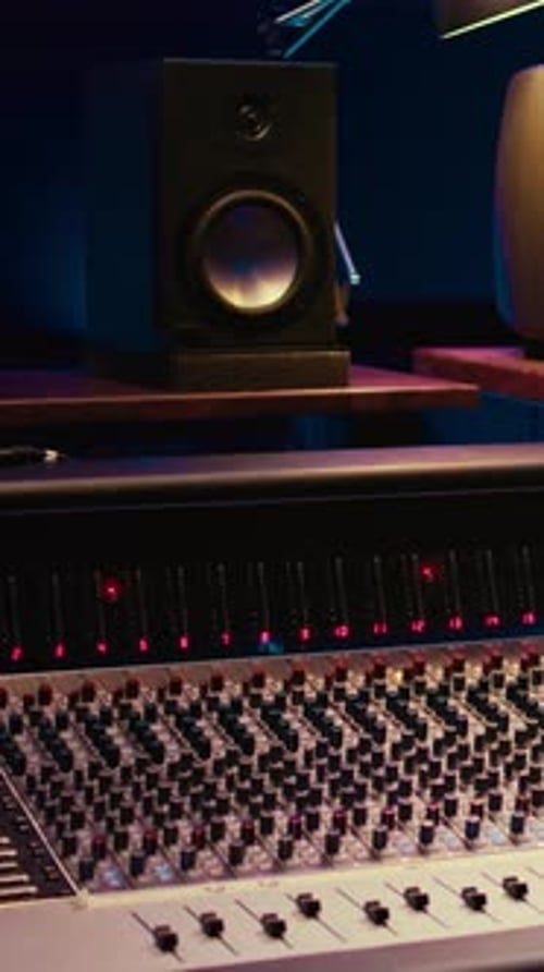 Vertical Video Empty Professional Studio with Control Desk Mixer and Audio Recording Software
